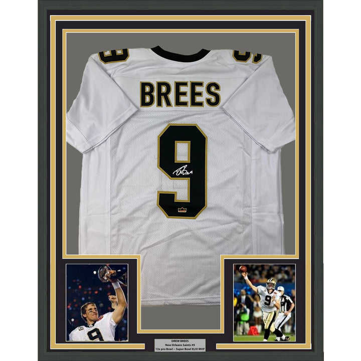 Framed Facsimile Autographed Drew Brees 33x42 White Reprint Laser Auto Jersey