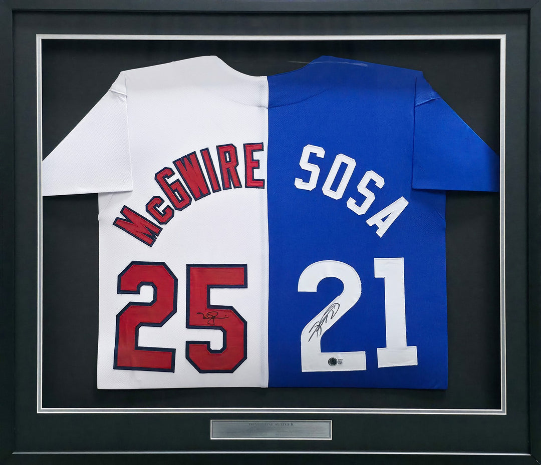 Mark McGwire & Sammy Sosa Signed Framed Red White & Blue Jersey BAS Witness