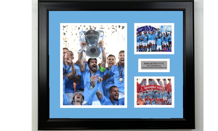 Framed Manchester City 2023 Treble Winners Facsimile Signature 3 Photo Collage