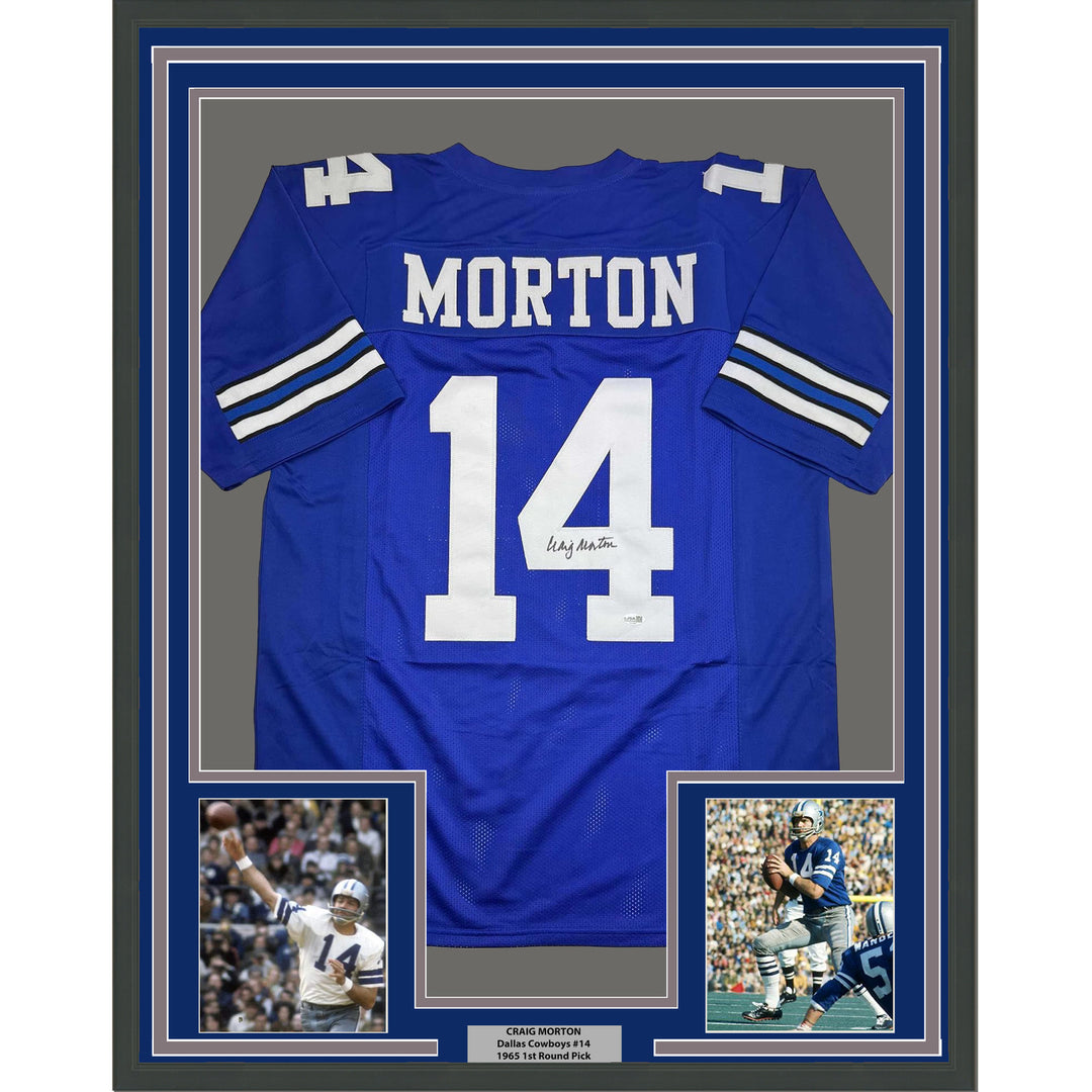 Framed Autographed/Signed Craig Morton 35x39 Dallas Blue Football Jersey JSA COA