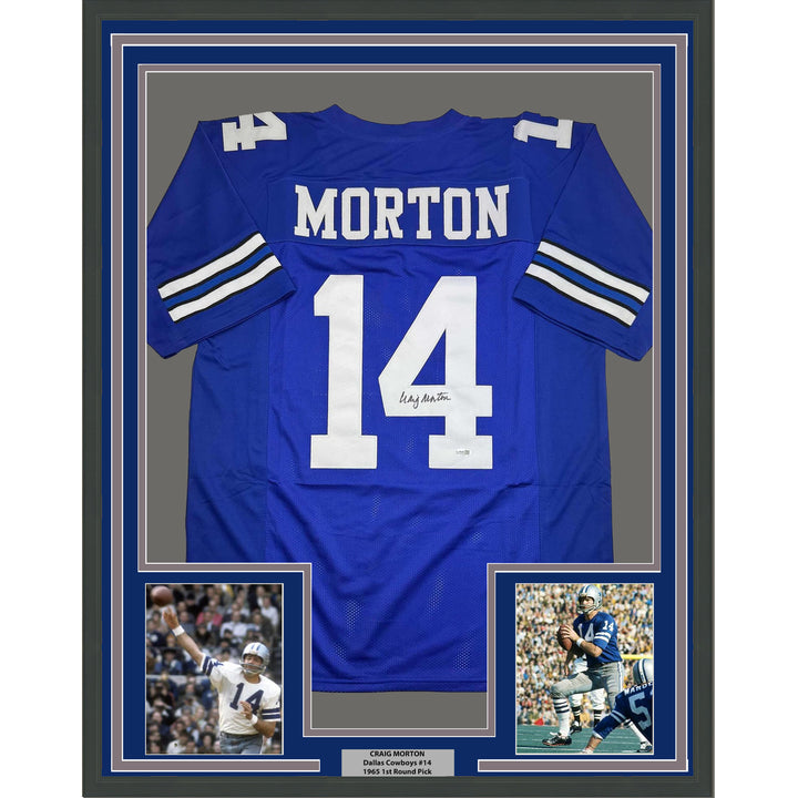 Framed Autographed/Signed Craig Morton 35x39 Dallas Blue Football Jersey JSA COA