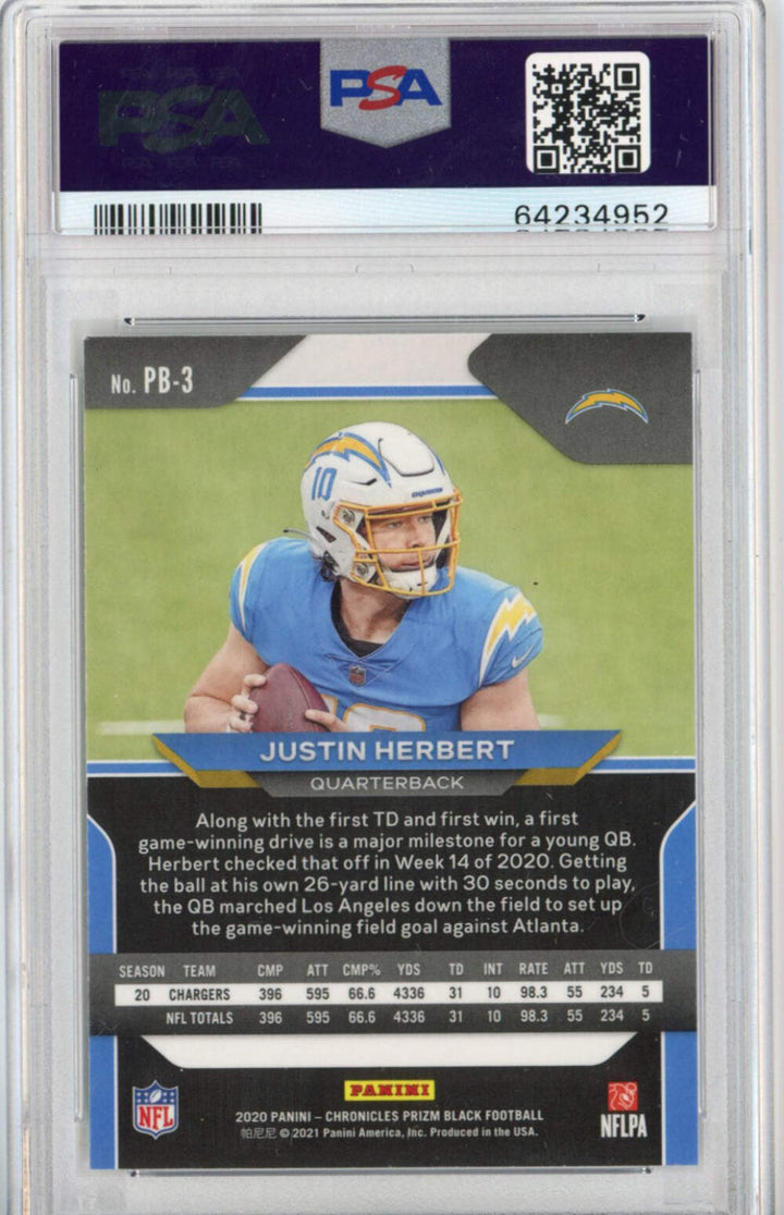 Graded 2020 Panini Chronicles Justin Herbert #PB3 Prizm Black Rookie Card PSA 10