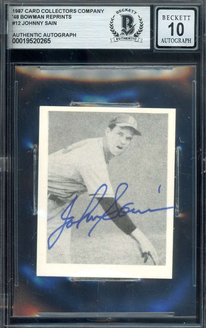 Johnny Sain Gem Mint 10 Beckett BAS Signed 1948 Bowman Rookie 1987 Reprint Auto