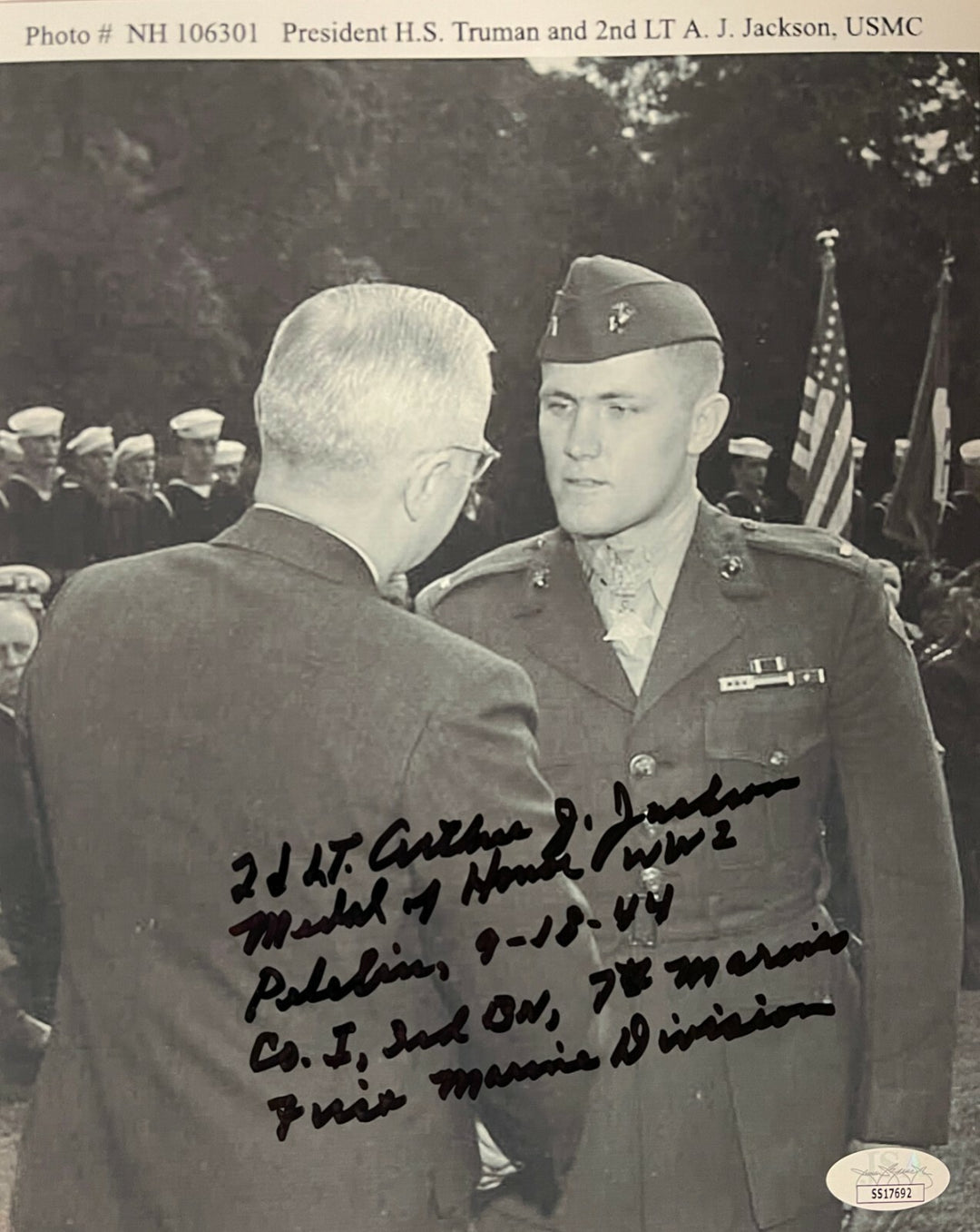 2nd LT. Arthur J. Jackson signed WWII Medal of Honor Peleliu USMC 8x10 Photo JSA