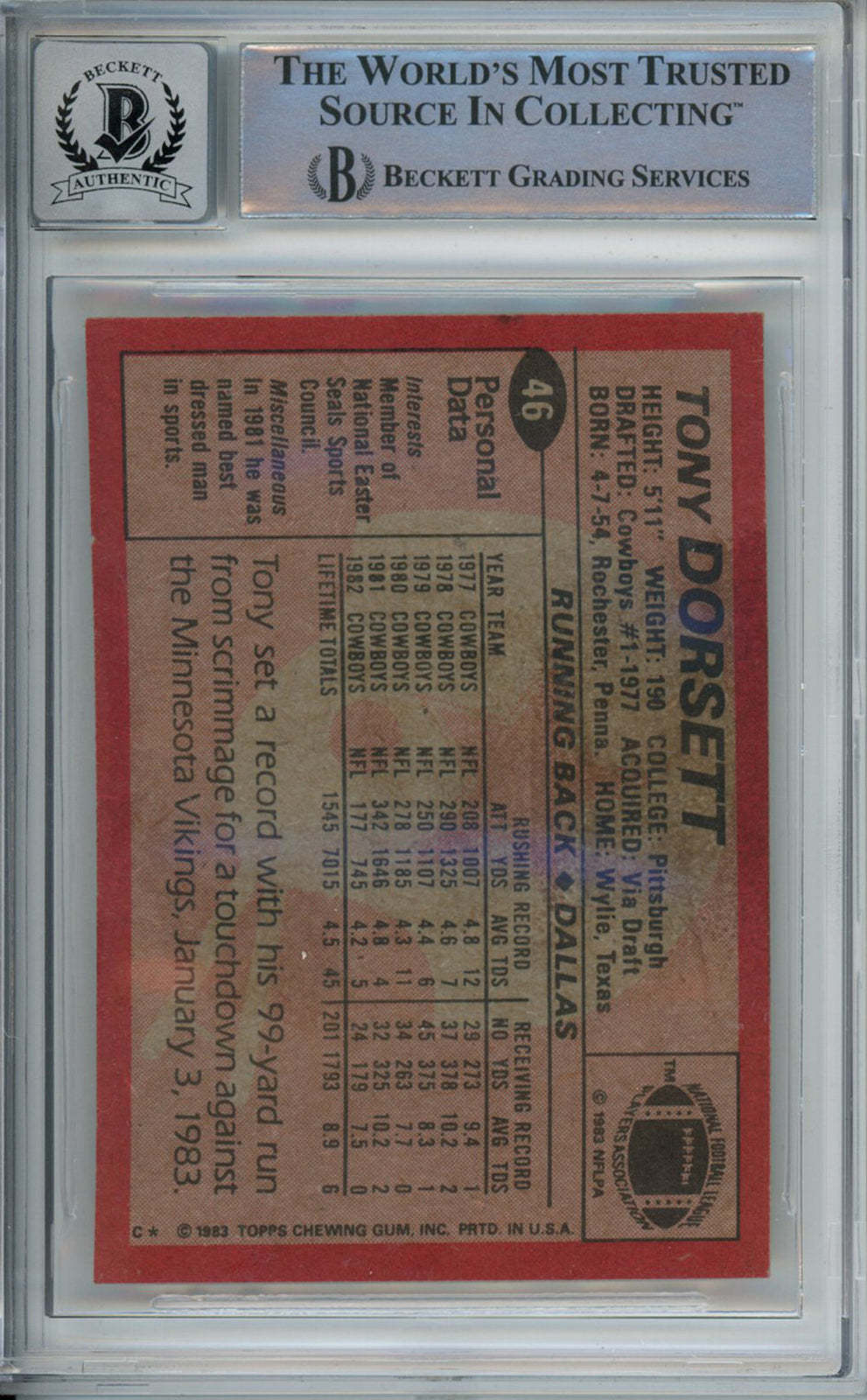 Tony Dorsett Autographed 1983 Topps #46 Trading Card Beckett 10 Slab 39238