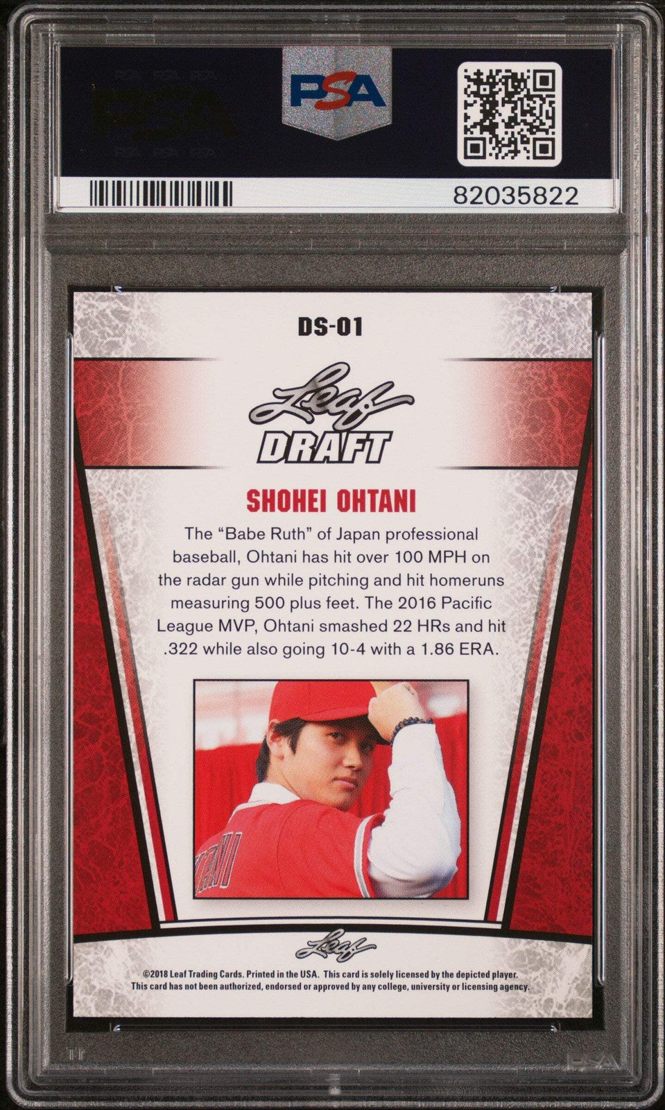 Graded 2018 Leaf Draft Shohei Ohtani #DS-01 Draft Silver RC Baseball Card PSA 10