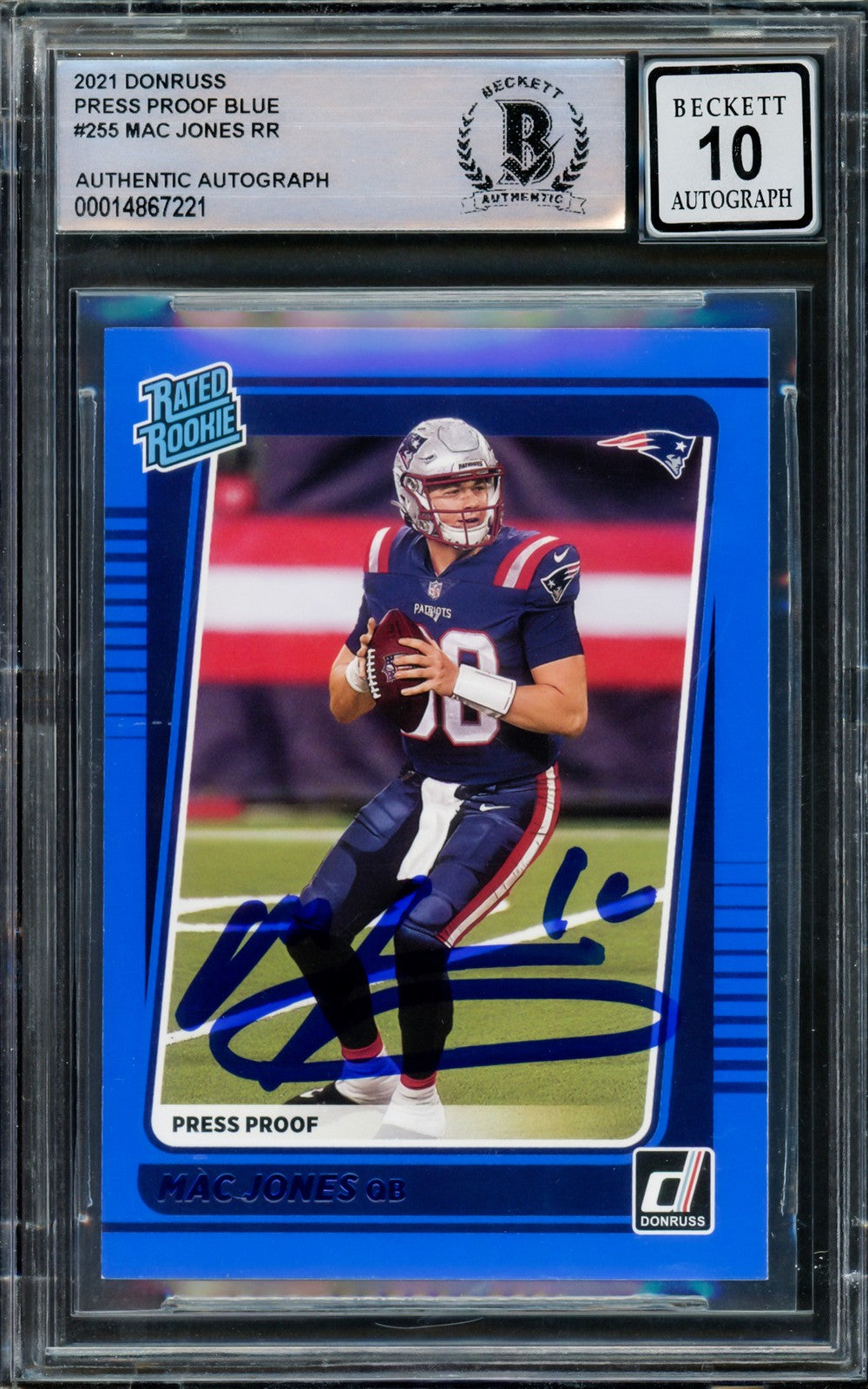 Mac Jones Auto 2021 Donruss Rated Rookie Blue Press Proof RC 255 Patriots Sig 10