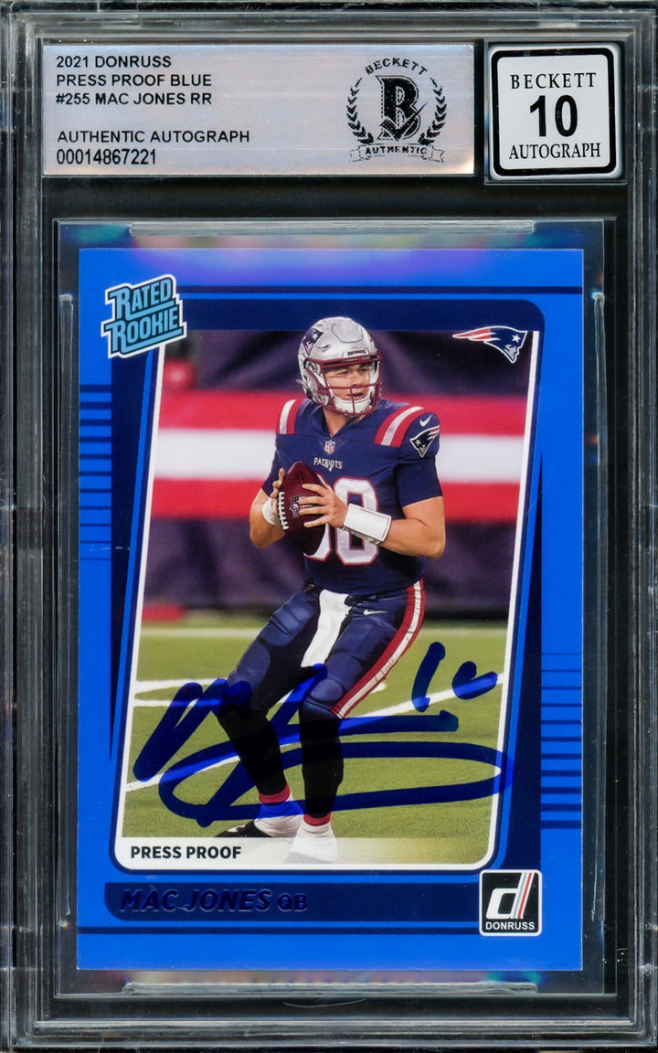 Mac Jones Auto 2021 Donruss Rated Rookie Blue Press Proof RC 255 Patriots Sig 10