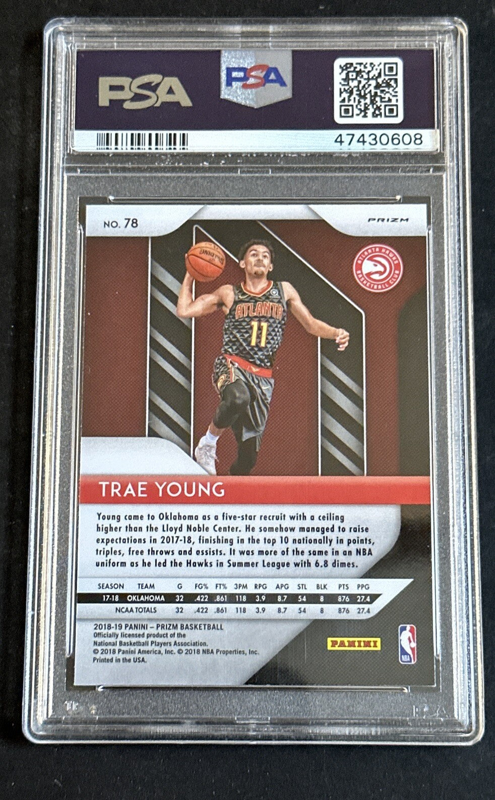 2018-19 Panini Prizm #78 Trae Young Silver Prizm Rookie PSA 9 Mint Rc Hawks