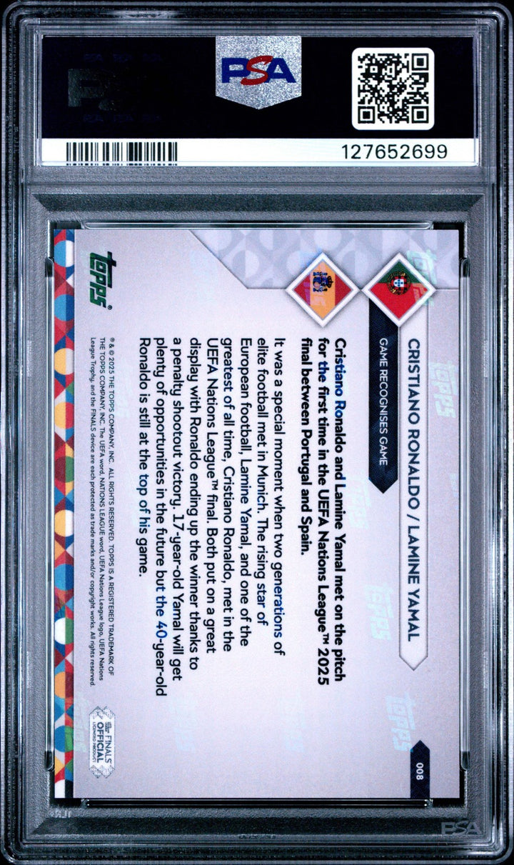 Graded 2025 Topps Now UEFA Cristiano Ronaldo/Lamine Yamal #8 Soccer Card PSA 10