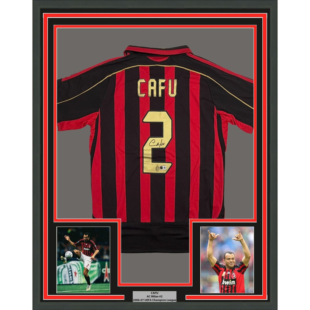 Framed Autographed/Signed Cafu 35x39 AC Milan Black/Red Jersey Beckett COA