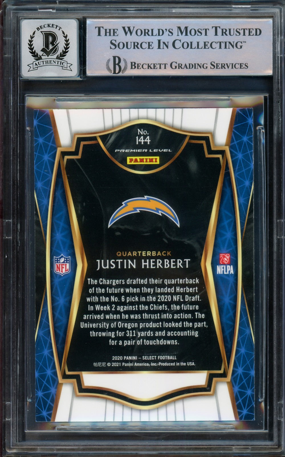 Justin Herbert Signed 2020 Select RC 144 Los Angeles Chargers Auto GM 10 Beckett
