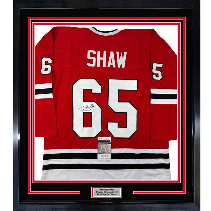 Framed Autographed/Signed Andrew Shaw 35x39 Chicago Red Hockey Jersey JSA COA