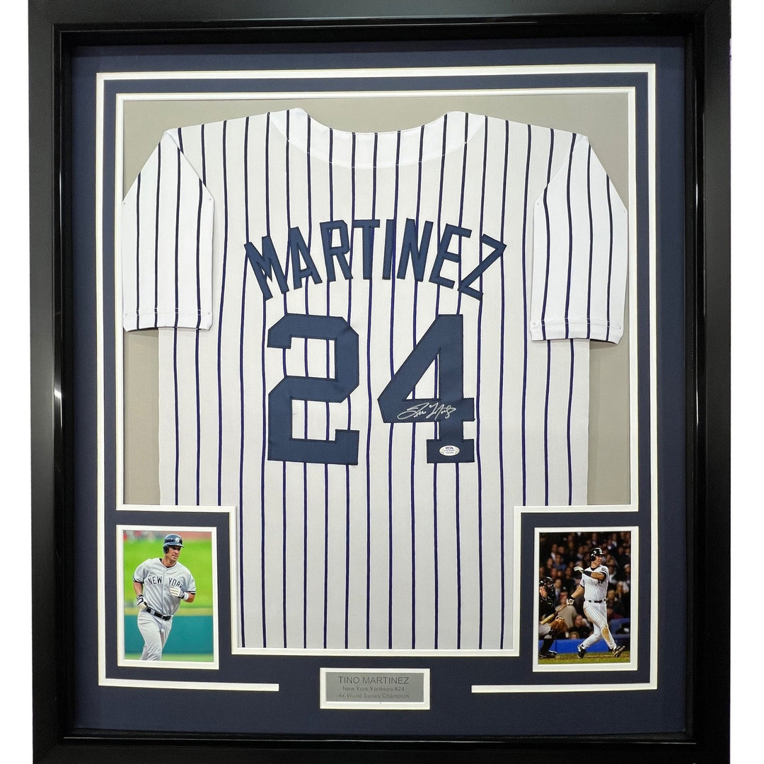 Framed Autographed/Signed Tino Martinez 35x39 Pinstripe Jersey PSA/DNA COA