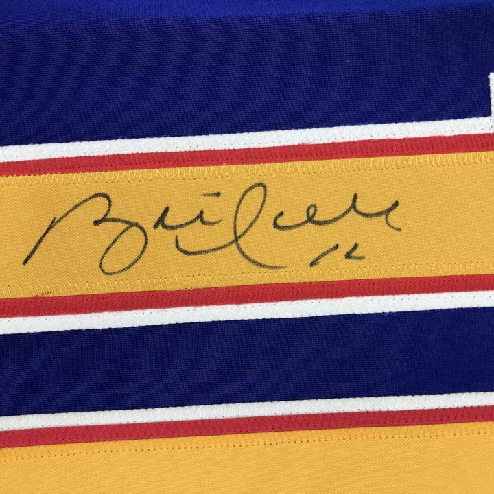 Framed Autographed/Signed Brett Hull 35x39 St. Louis Blue Jersey Beckett BAS COA