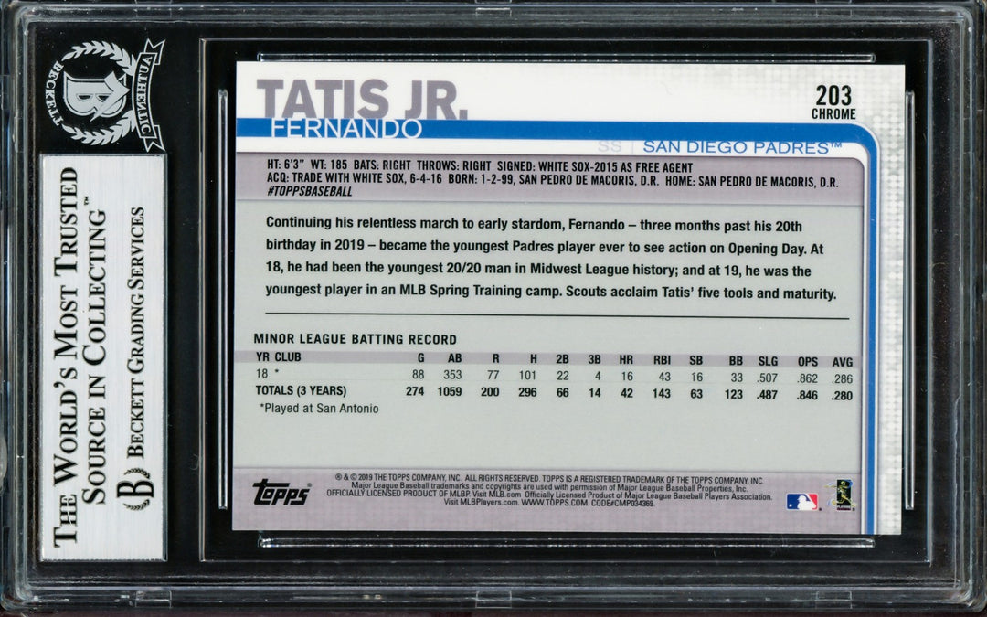 Fernando Tatis Jr. Signed 2019 Topps Chrome RC 203 San Diego Padres Beckett