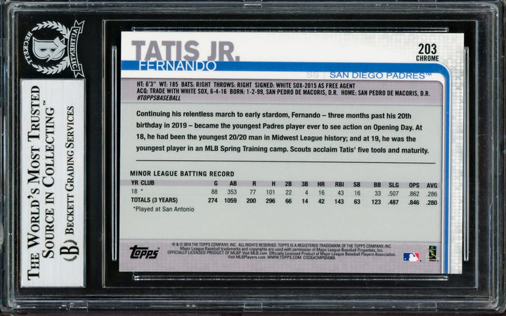 Fernando Tatis Jr. Signed 2019 Topps Chrome RC 203 San Diego Padres Beckett