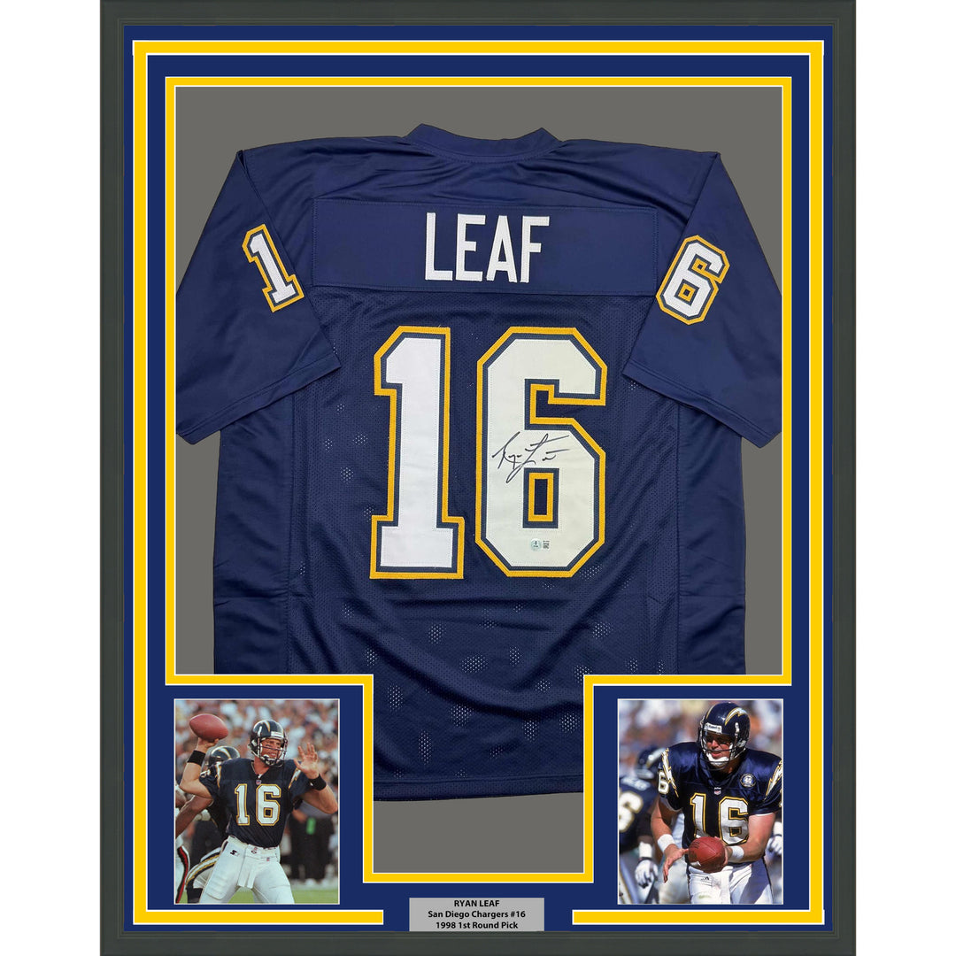Framed Autographed/Signed Ryan Leaf 35x39 San Diego Dark Blue Jersey Beckett COA