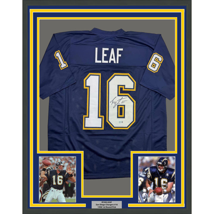Framed Autographed/Signed Ryan Leaf 35x39 San Diego Dark Blue Jersey Beckett COA