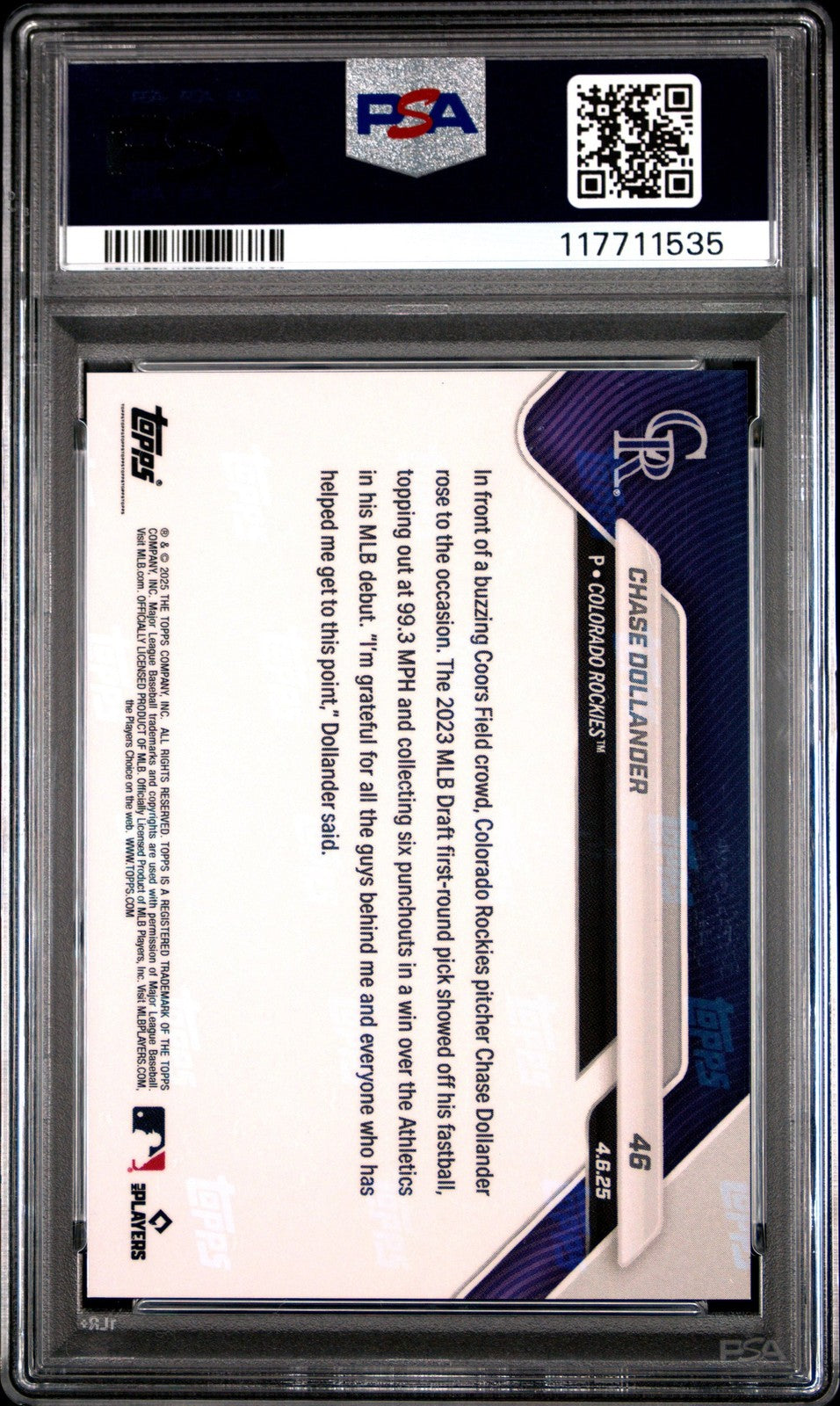 Graded 2025 Topps Now Chase Dollander #46 Rookie RC Baseball Card PSA 10
