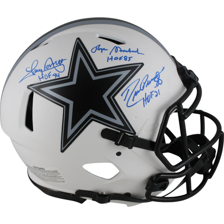 Pearson/Staubach/Dorsett Signed Dallas Cowboys Lunar Pro Helmet HOF BAS 50054