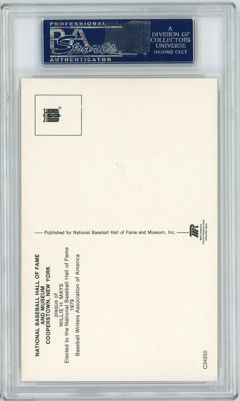 Graded Baseball Hall of Fame Plaque Willie Mays Signed Auto Postcard PSA 7