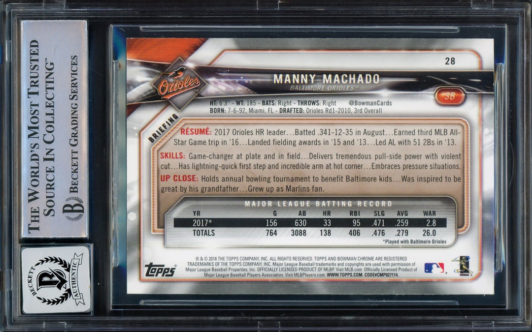 Manny Machado Signed 2018 Bowman Card 28 Baltimore Orioles Auto GM 10 Beckett