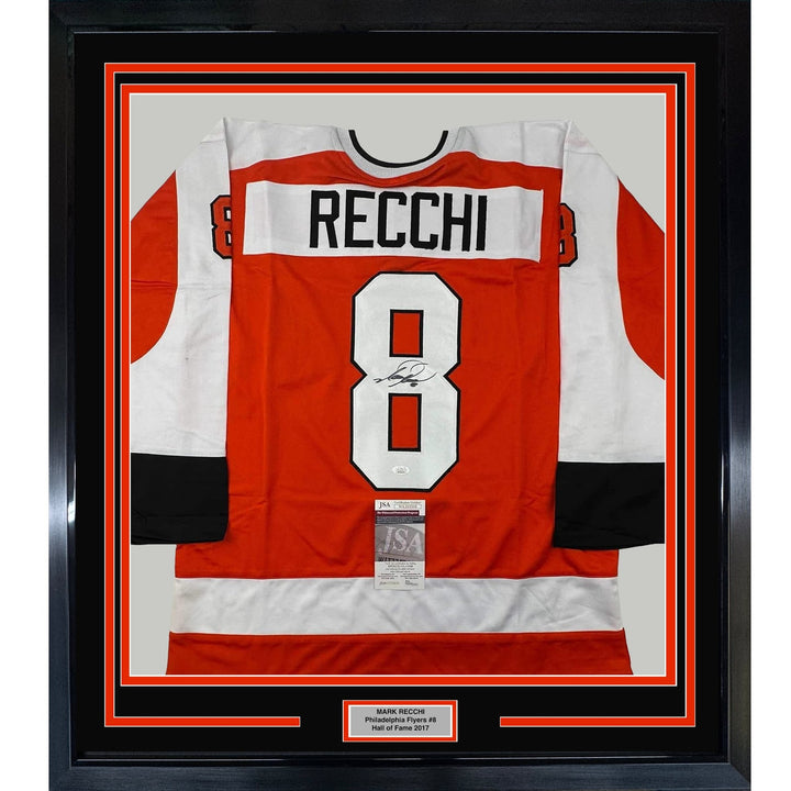 Framed Signed Mark Recchi 35x39 Philadelphia Orange Jersey JSA COA