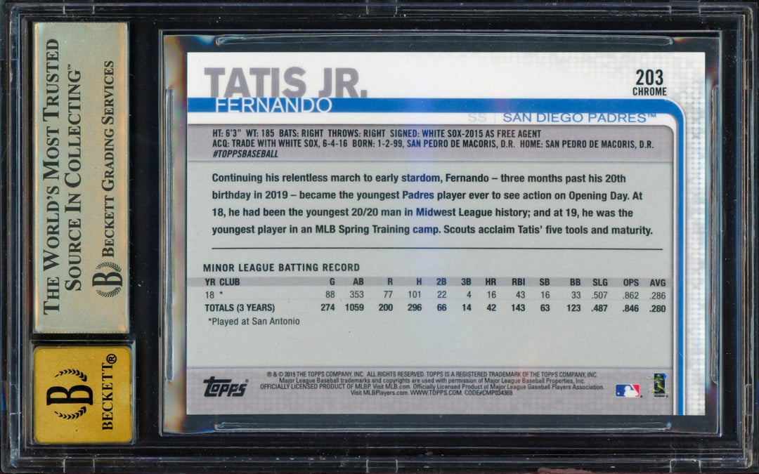 Fernando Tatis Jr. Auto 2019 Topps Chrome RC 203 Padres BGS 9.5 Sig 10 Beckett