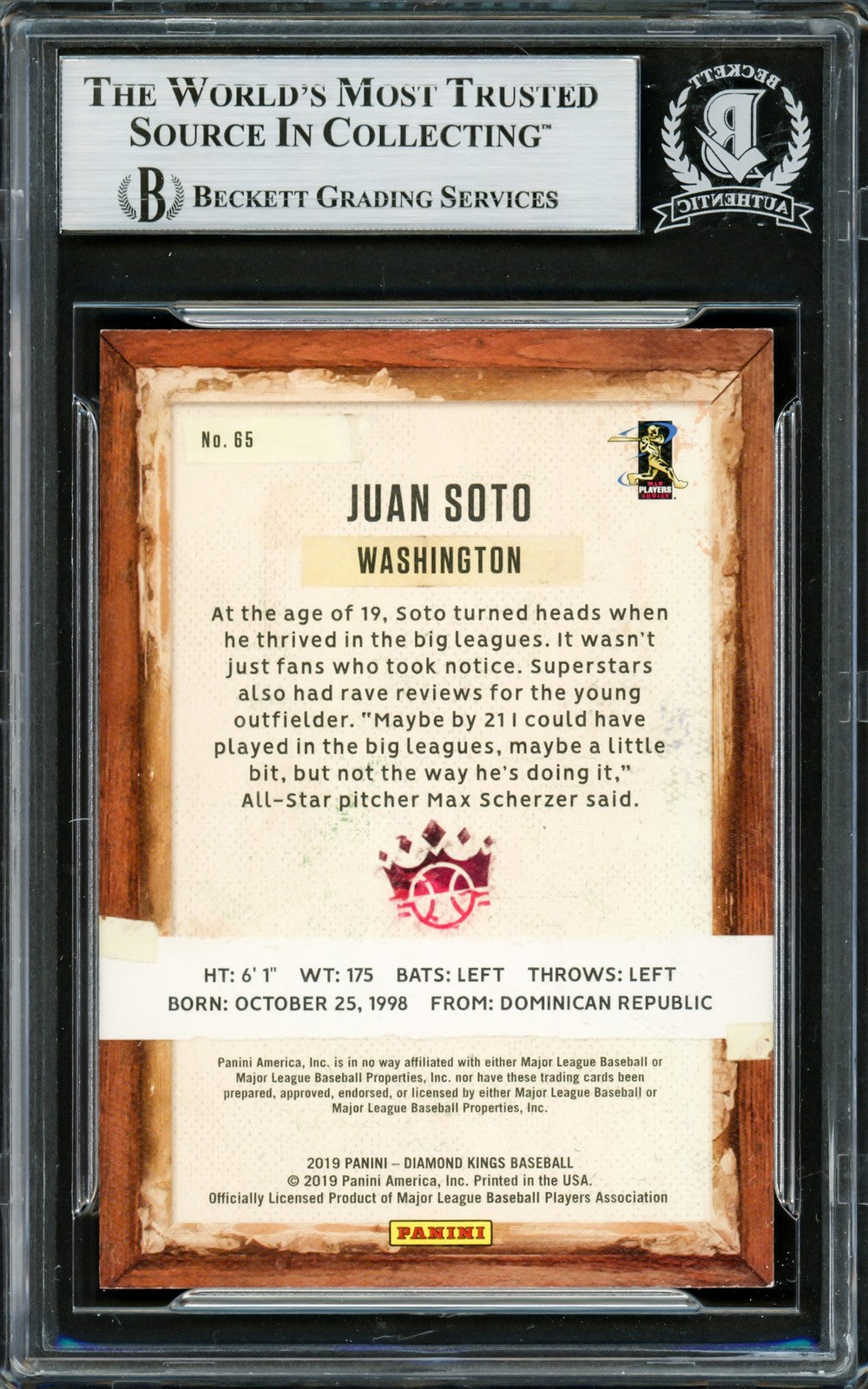 Juan Soto Signed 2019 Donruss Diamond Kings Card 65 New York Mets Beckett