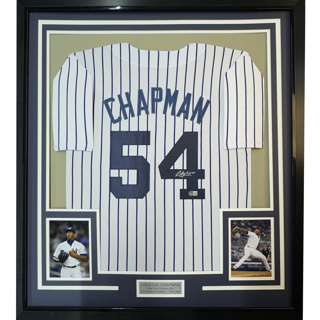 Framed Autographed/Signed Aroldis Chapman 33x42 NY Pinstripe Jersey BAS COA