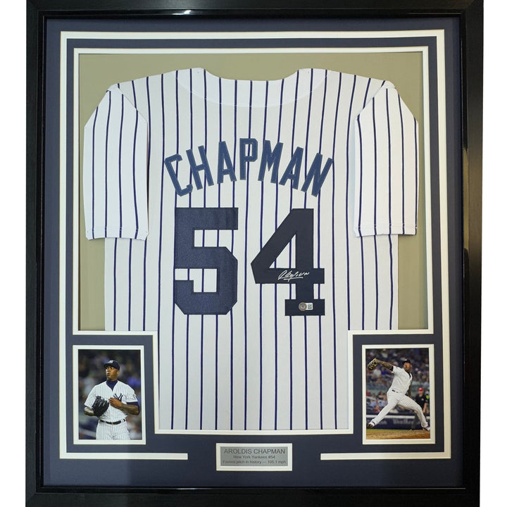 Framed Autographed/Signed Aroldis Chapman 33x42 NY Pinstripe Jersey BAS COA