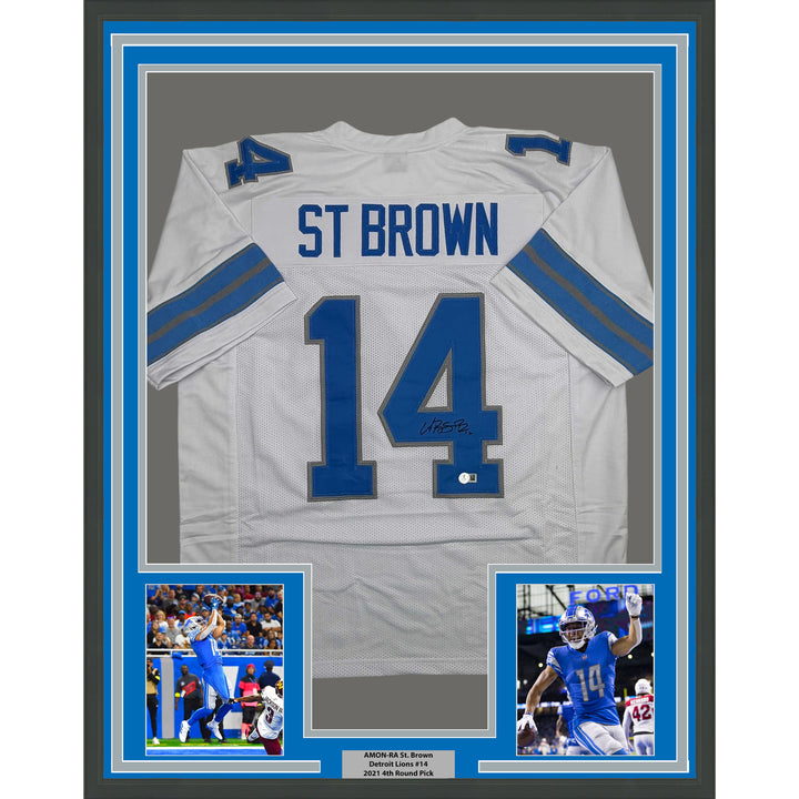 Framed Autographed/Signed Amon-Ra St. Brown 35x39 Detroit White Jersey BAS COA