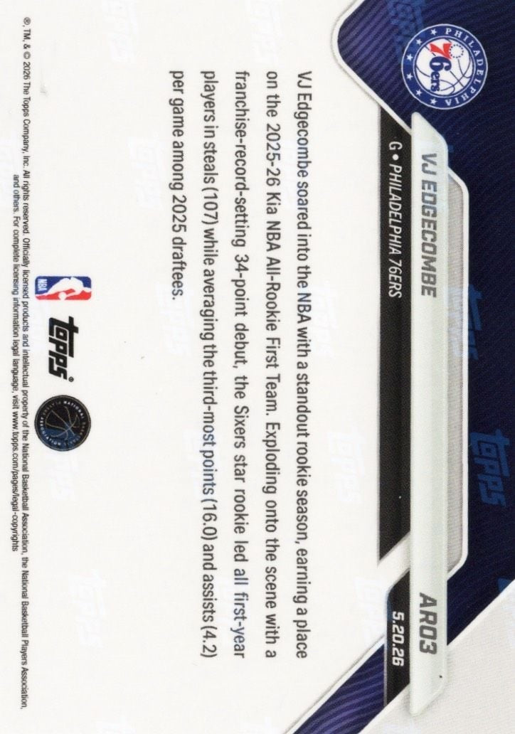 2025 Topps Now VJ Edgecombe #AR03 Gold Foil /50 Rookie RC Basketball Card