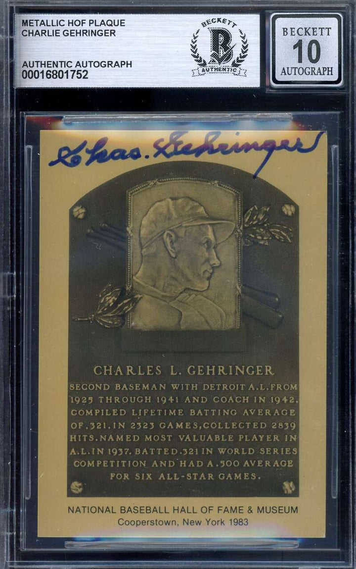 Charlie Gehringer Gem Mint 10 Beckett BAS Signed Gold Metallic HoF Plaque Autogr