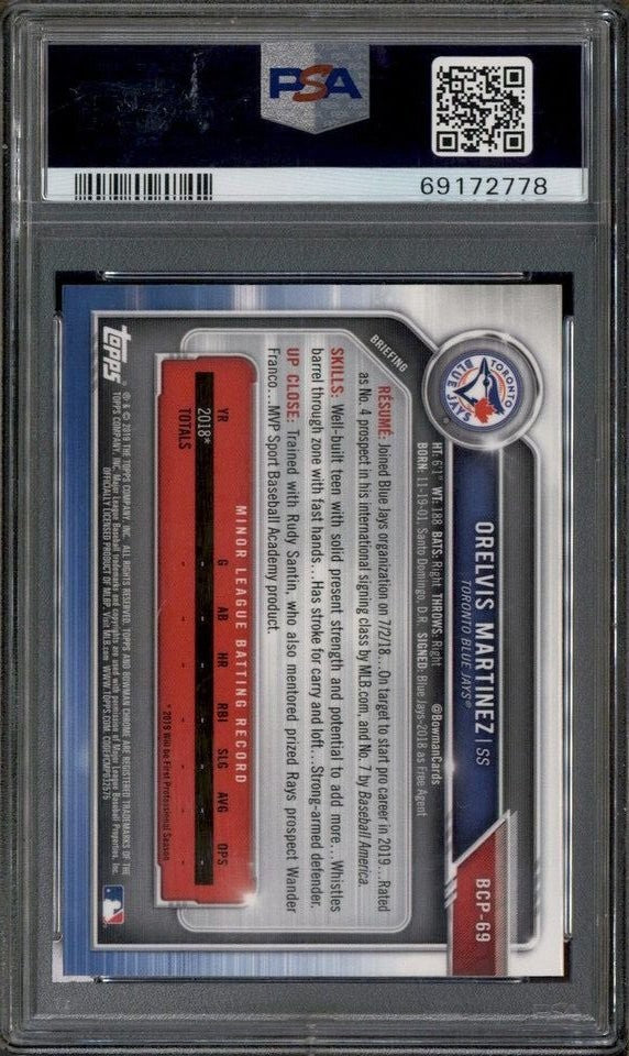 Graded 2019 Bowman Orelvis Martinez #69 Prospects Chrome RC Card PSA 10