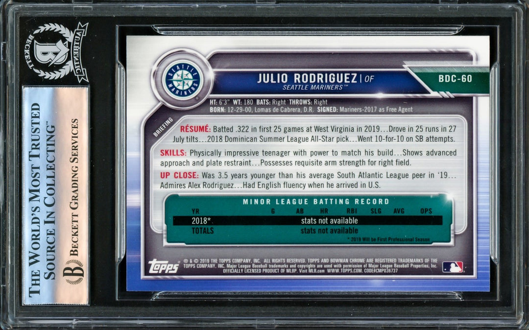 Julio Rodriguez Signed 2019 Bowman Chrome Draft RC #BDC60 Mariners Beckett