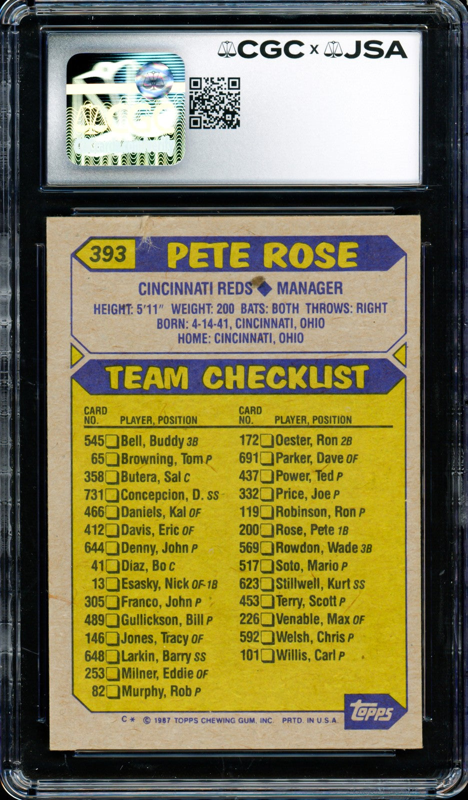 Pete Rose Autographed Signed 1987 Topps Card 393 Cincinnati Reds CGC x JSA