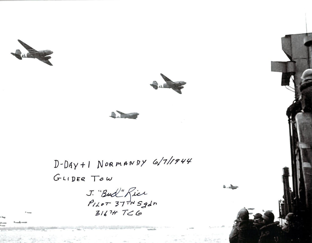 Julian "Bud" Rice signed 1944 WWII C-47 Pilot D-DAY +1/Normandy 8x10 Photo - PSA