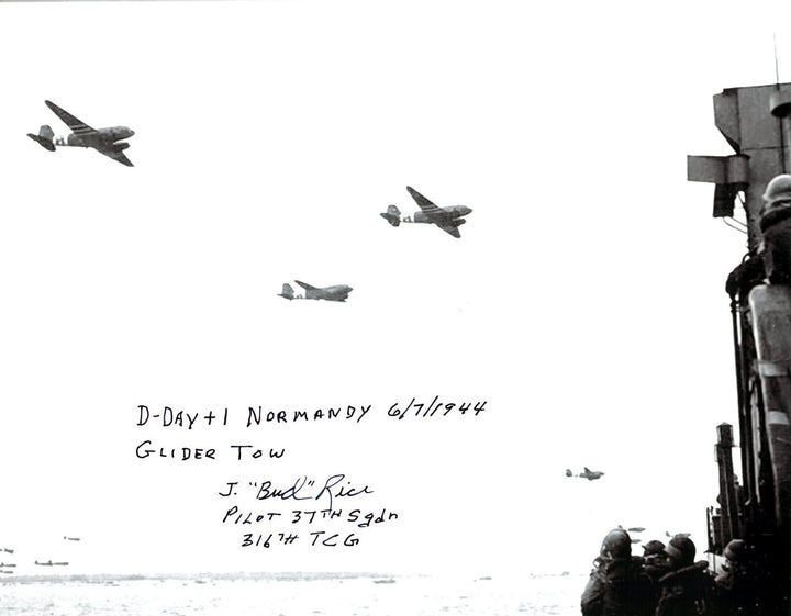 Julian "Bud" Rice signed 1944 WWII C-47 Pilot D-DAY +1/Normandy 8x10 Photo - PSA