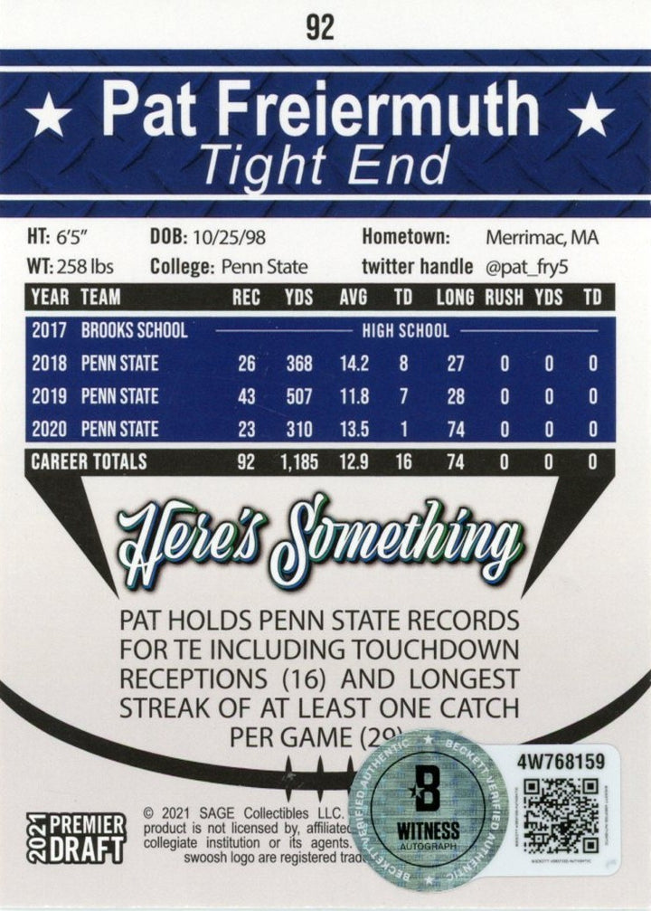 Pat Freiermuth Autographed 21 SAGE Premier Draft Black Base #92 Beckett 56969