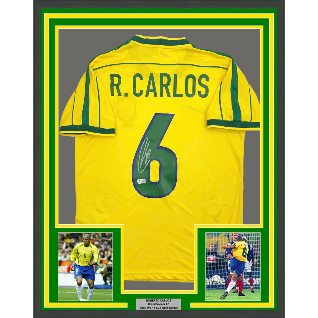 Framed Autographed/Signed Roberto Carlos 35x39 Brazil Yellow Jersey Beckett COA