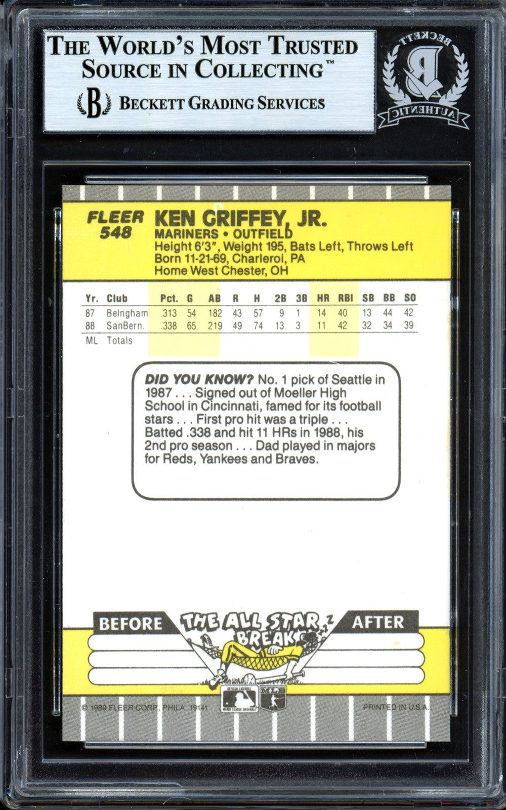 Ken Griffey Jr. Signed 1989 Fleer RC 548 Mariners Vintage Sig Beckett #13446503