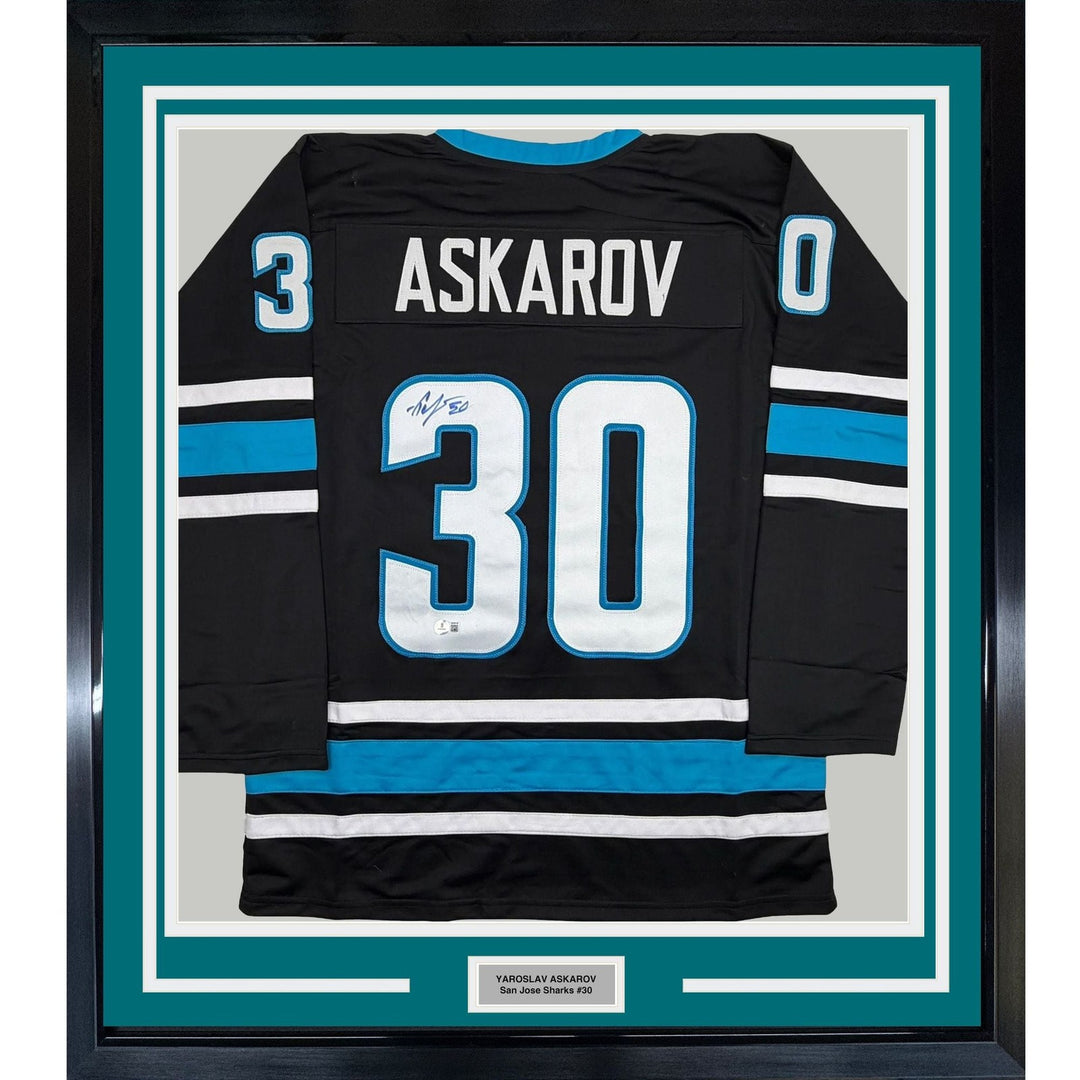 Framed Signed Yaroslav Askarov 35x39 San Jose Black Jersey Beckett BAS COA