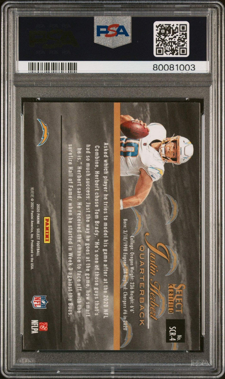 Graded 2020 Select Justin Herbert #SCR4 Certified Rookies Football Card PSA 10