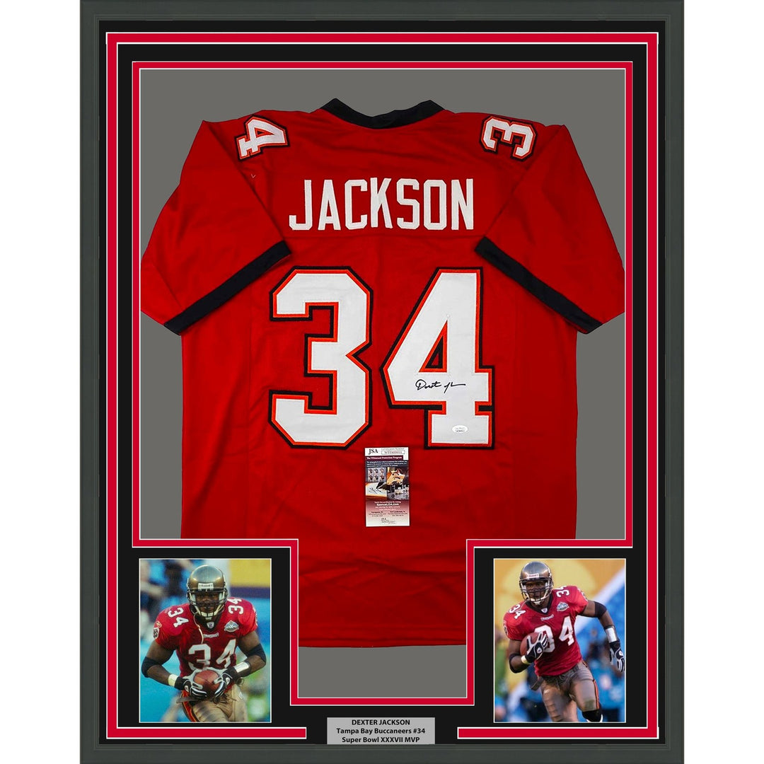Framed Autographed/Signed Dexter Jackson 35x39 Tampa Bay Red Jersey JSA COA