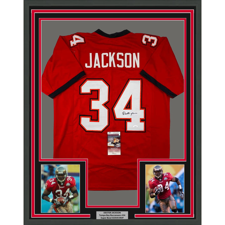 Framed Autographed/Signed Dexter Jackson 35x39 Tampa Bay Red Jersey JSA COA