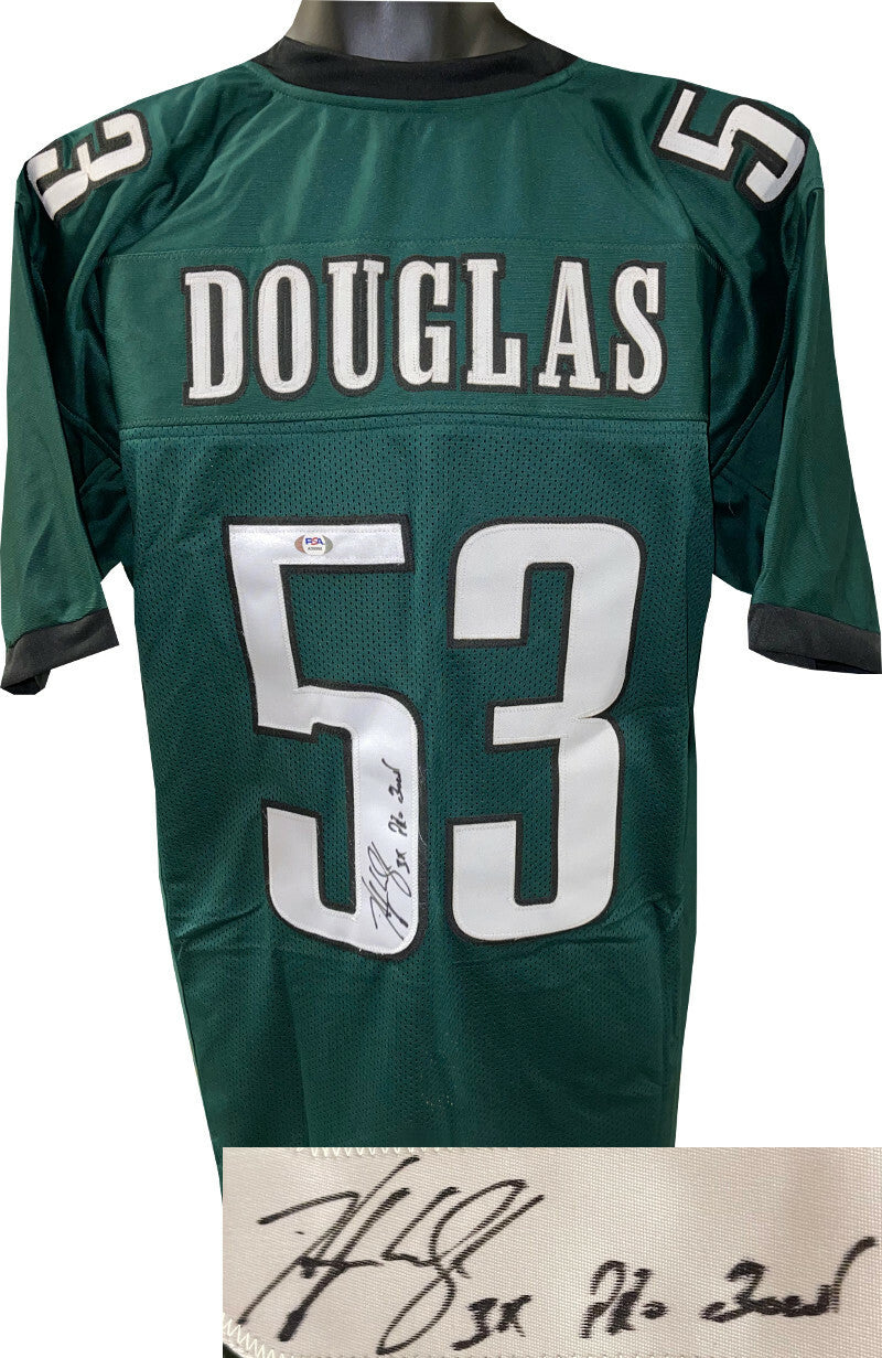 Hugh Douglas signed Philadelphia Green Custom Stitched Jersey 3X Pro Bowl XL-PSA