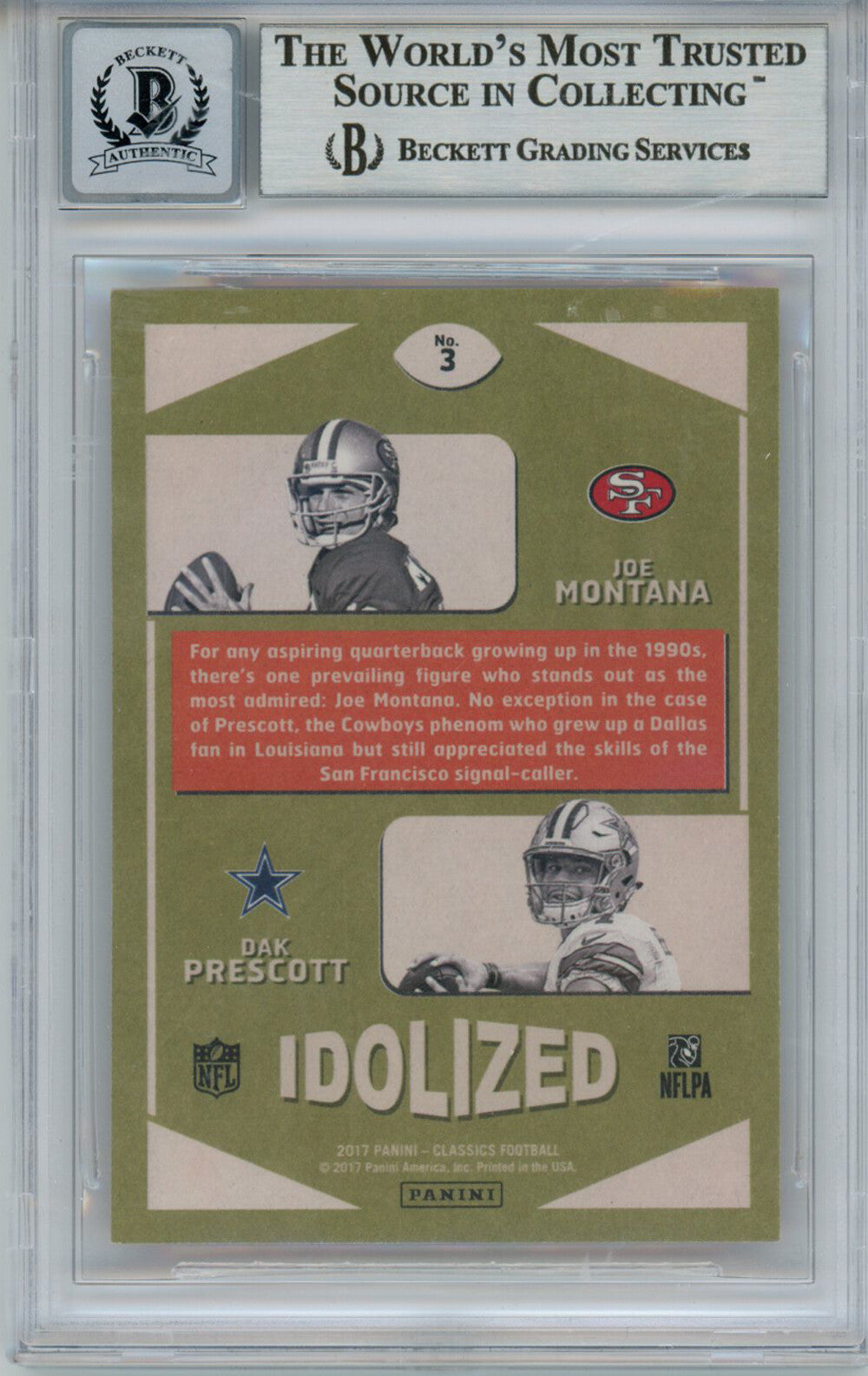 Joe Montana & Dak Prescott 2017 Idolized Classics Trading Card BAS 10 Slab 32779