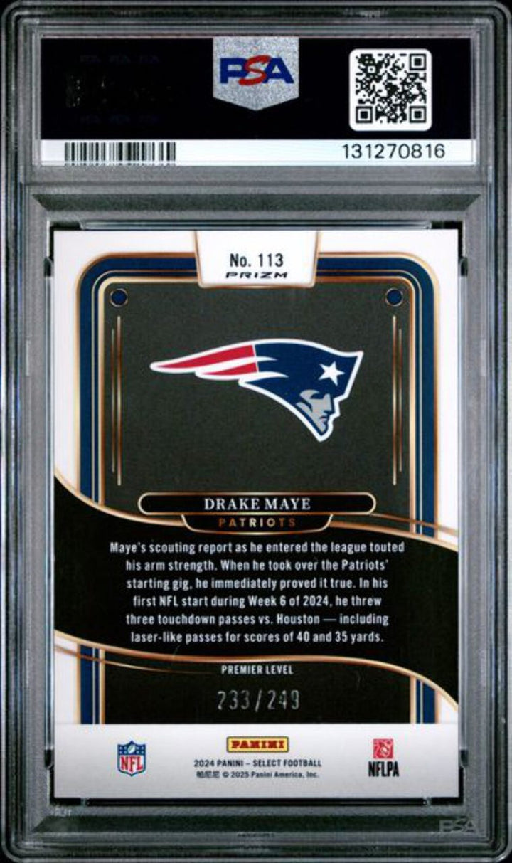 Graded 2024 Panini Select Drake Maye 113 /249 Tri Color Prizm Rookie Card PSA 10